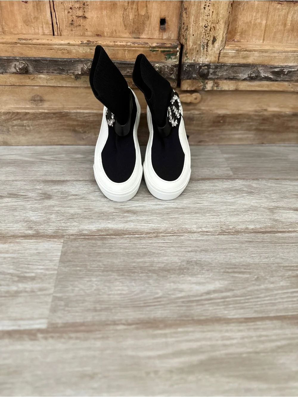 Jimmy Choo Black Sock-Style Platform Sneakers with Crystal Buckle Accent